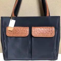 美品　トートバッグ　オーストリッチ　本革　厚手 ナイロン　BK A4 駝鳥革