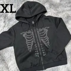【SHEIN】ブラック パーカー 裏起毛 ラインストーン XL サイズ