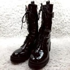 美品 25㎝◎Her lip to ロングブーツ 黒 エナメル 厚底 こじはる