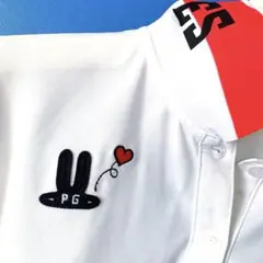 PG ウサギワッペンとハート刺繍長袖ポロシャツ白