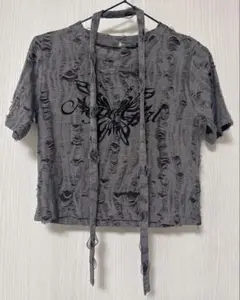 未使用 シャギートップス ダメージ加工 y2k チョーカー付き Tシャツ M