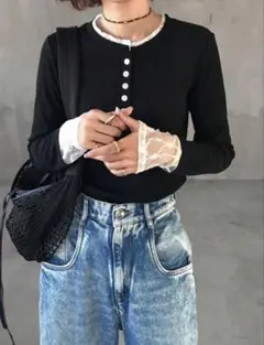 リブ編み ブラック 長袖 Tシャツ