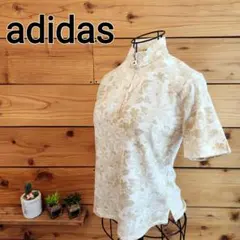 adidas◆ボタニカル 花柄 ハーフジップポロ ゴルフウェア 刺繍ロゴ 茶 S