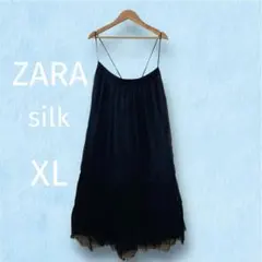 【ZARA】ザラ　シルク　ブラック　キャミワンピース　黒　XL シアー