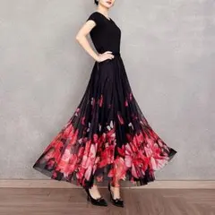 社交ダンス ロングスカート シフォン 花柄 蝶 フラワープリント ブラック 赤