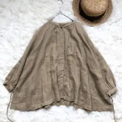 美品❋ネストローブ リネンワークブラウス 2WAY バンドカラー ゆったり 茶系 美品❋ネストローブ リネンワークブラウス 2WAY バンドカラー