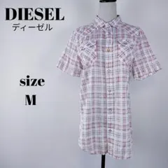 【a577】DIESEL ディーゼル 半袖 チェック シャツ M 刺繍 ロゴ