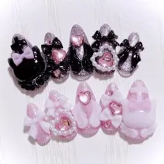 No.728　ネイルチップ 現品 量産型 地雷系 サブカル 平成女児 猫 ピンク