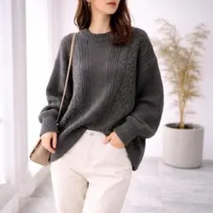 ゆったり セーター ケーブルニット グレー系 M オーバーサイズ クルーネック