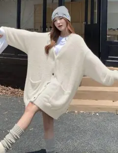 DAZY 女性用Vネック長袖オーバーサイズカジュアルカーディガン　アイボリー