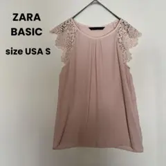 ZARA BASIC シアー ブラウス フレンチスリーブ レース 花柄 ピンク