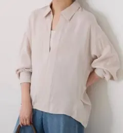 美品 シップス ラミー100%ギャザーワイドブラウス バンドカラー 