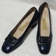 美品✨フェラガモ Ferragamo レザーパンプス6D ロゴプレート ネイビー