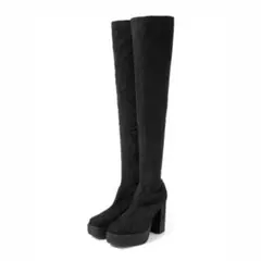 厚底スクエアトゥストレッチニーハイブーツ