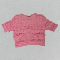 ZARA 半袖カーディガン Y2K レース編み フリル付き S ピンク コットン