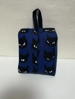 ハンドメイド　ハーフサイズティッシュカバー　黒猫　ブルー