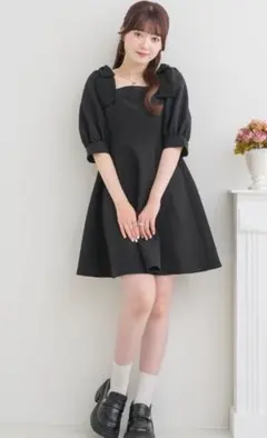 ems excite 黒 ワンピース 肩リボンチュニックOP RetroGirl