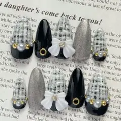 ネイルチップ　ガーリー　ツイード　リボン