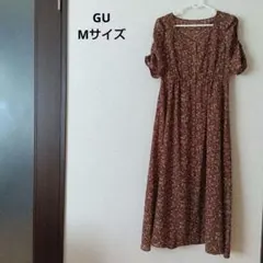 GU　ワンピース　フラワープリント 半袖Aラインブラウンワンピース　Mサイズ
