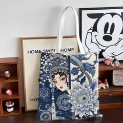 京劇風美人画 トートバッグ エコバッグ ブルー系 大容量