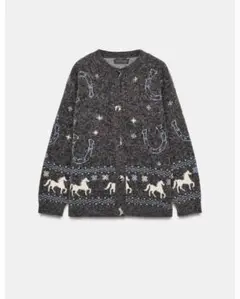 L 新品　全国完売　ザラ　ジャカードニットボタンカーディガン　馬