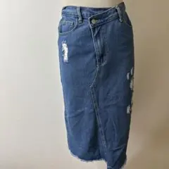 デニムブルー ダメージ加工 ミディ丈スカート