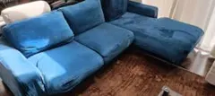 青いファブリックL字型ソファセット　大型ソファ　羽毛クッション