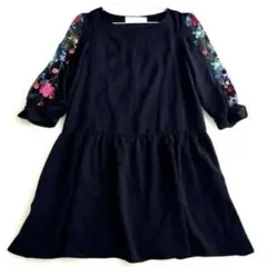 トッコクローゼット 濃紺 花刺繍シースルースリーブチュニックワンピース F 美品