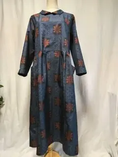 着物リメイク 青色 花柄 ロングドレス 長袖 襟付き