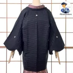 羽織 三つ紋 正絹 笹柄 ブラック ビンテージ着物 A-2713