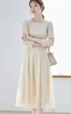 リボン＆パール付きハイウエスト切り替えレースドッキング七分袖ワンピース　ベージュ