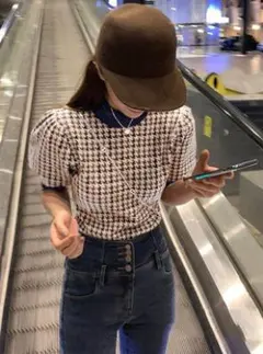 新品未使用　GRL 千鳥格子柄パフスリーブニットトップス