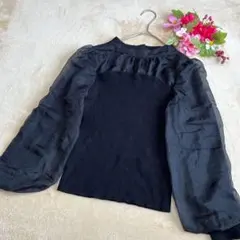 【ミッシュマッシュ】シアー バルーンスリーブ ニットトップス 長袖 ブラック Ｆ