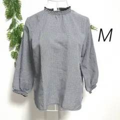 マジックサウンド・チェック柄フリルネック長袖ブラウス M ブラック系