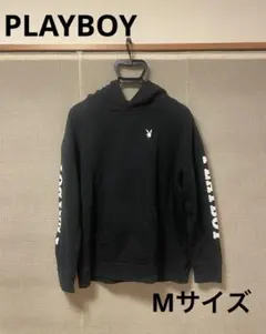 PLAYBOY メンズブラックパーカー ロゴ刺繍　両腕　ブランドプリント