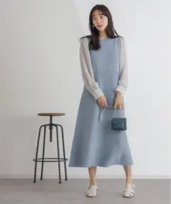 ナノユニバース シアースリーブ 異素材 コンビ ニット ワンピース ブルーグレー