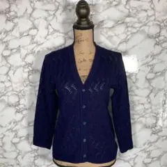 オムウェル／透かし編みＶネック長袖カーディガン　ネイビー【Lサイズ】