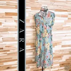 【ザラ】透け感 シアー ボタニカル 花柄 シフォン ロング ワンピース M 緑