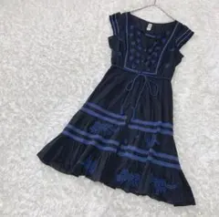 フリーピープル ノースリーブ フレアワンピース 黒 青刺繍