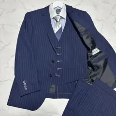 美品　ジョンピアース　3ピーススーツ　ネイビーストライプ　紺　形状安定　AB5