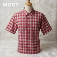 MOST 半袖チェックシャツ コットン100% レッド系 L パキスタン製