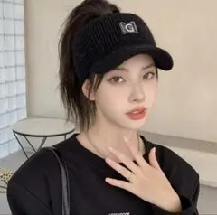 レディース ニット サンバイザー 帽子 防寒 ゴルフウェア テニス ブラック