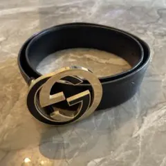 GUCCI ブラックレザーベルト レア GGロゴ ゴールド&ブラック バックル