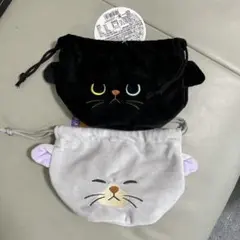 KALDI カルディ　ねこちゃん巾着　黒＆グレー　ポーチ　黒猫　ネコ