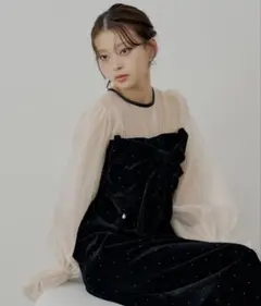 Chico オケージョンドレスドレス　配色シアーリボンベロアワンピース