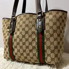 美品 グッチ トートバッグ GG柄 シェリーライン キャンバス チャーム ハンド