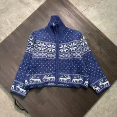 7W7 フルジップ　ニット　セーター　ノルディック柄　ブルー　ショート丈　古着