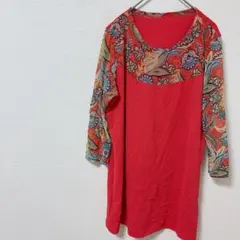 五分袖 チュニック エスニック調 ペイズリー シアー素材 透け感 オレンジ系