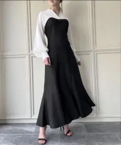 JUNOAH シャツドッキングカルゼワンピース　ブラック