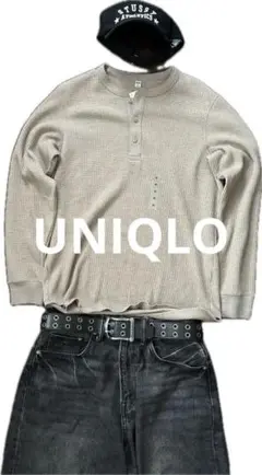 UNIQLO ユニクロ　ワッフルヘンリーネックTシャツ/長袖　32ベージュ　M